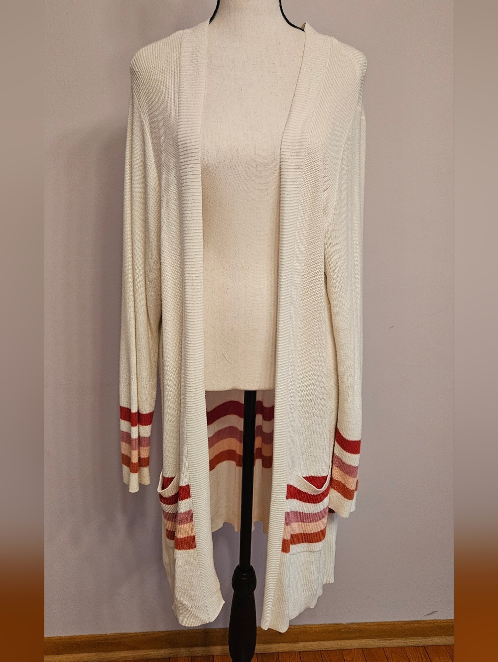 Torrid White Open-Front Cardigan with Pink & Red Stripes, 3X